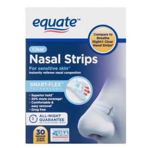 30 ct Equate NASAL STRIPS Sensitive Skin Medium Clear Breathing Snoring Support.